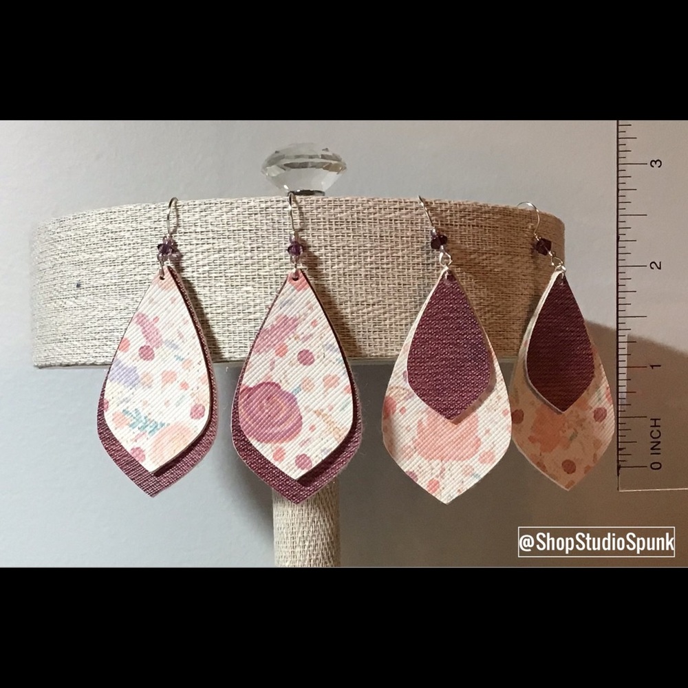 Maroon & Rose Pink Floral Faux Leather Earrings